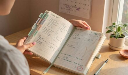 Person tracking daily expenses on a calendar as part of a structured no-spend challenge