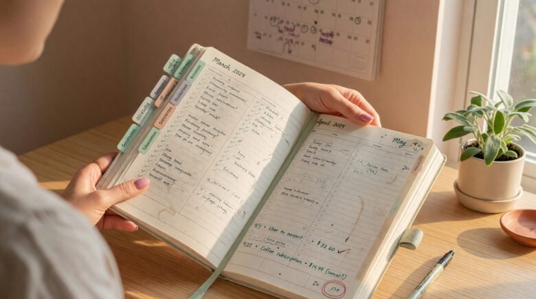 Person tracking daily expenses on a calendar as part of a structured no-spend challenge