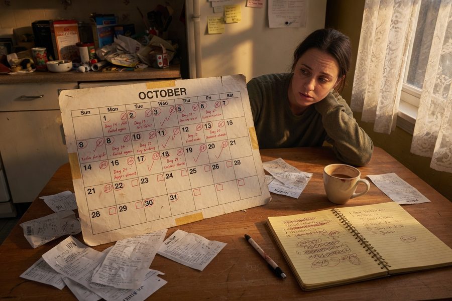 Calendar showing 90-day no-spend challenge timeline with seasonal spending checkpoints marked