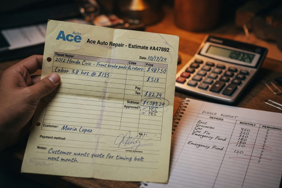 Person reviewing spending tracker notebook with monthly savings progress chart on table