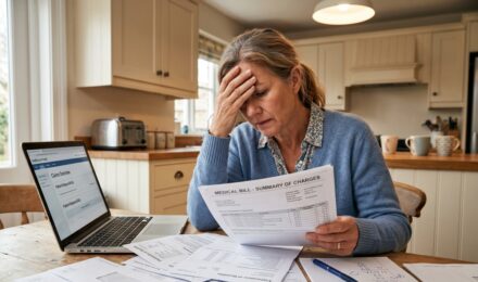 Patient reviewing an unexpected medical bill at a desk with an insurance explanation of benefits form
