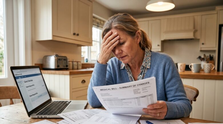 Patient reviewing an unexpected medical bill at a desk with an insurance explanation of benefits form