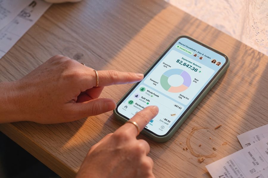 Illustration of a mobile budgeting dashboard showing spending categories and debt payoff progress