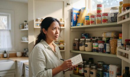 Kitchen pantry shelves stocked with canned goods, dry goods, and ingredients for pantry challenge meal planning