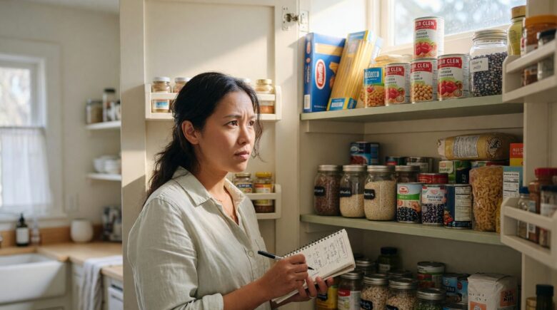 Kitchen pantry shelves stocked with canned goods, dry goods, and ingredients for pantry challenge meal planning