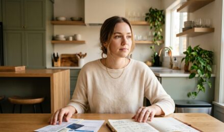 Person at a desk weighing a piggy bank against a stack of credit card bills, deciding between saving and paying off debt
