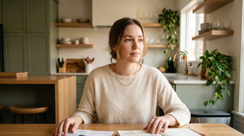 Person at a desk weighing a piggy bank against a stack of credit card bills, deciding between saving and paying off debt