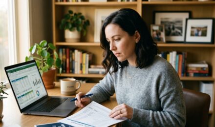 Person at a desk weighing a credit card statement against a 401k contribution form, deciding where to put extra money