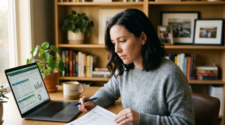 Person at a desk weighing a credit card statement against a 401k contribution form, deciding where to put extra money