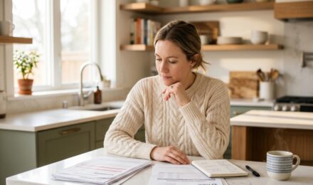 Person reviewing credit card statements and savings account balance side by side at a desk, deciding whether to pay off debt or save