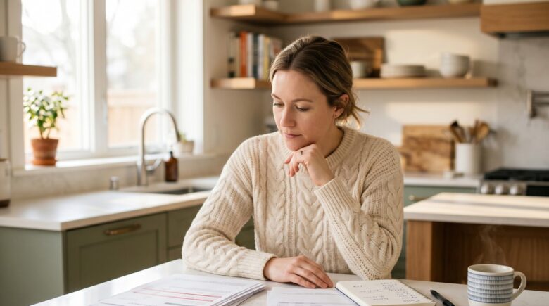 Person reviewing credit card statements and savings account balance side by side at a desk, deciding whether to pay off debt or save