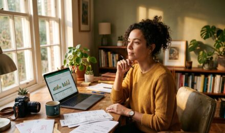 Freelancer reviewing income and expenses at a desk with financial documents and a laptop