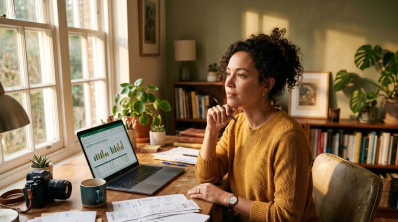 Freelancer reviewing income and expenses at a desk with financial documents and a laptop