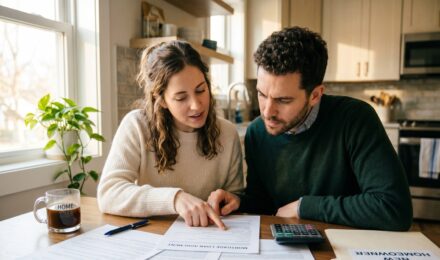 Homeowner reviewing mortgage documents at a kitchen table with a calculator and pen