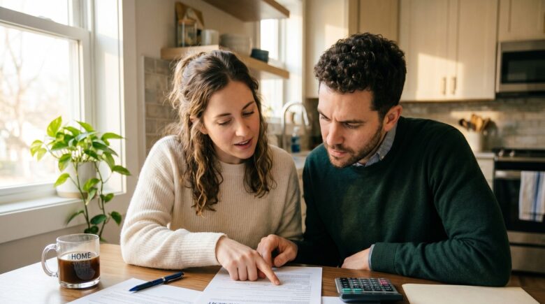 Homeowner reviewing mortgage documents at a kitchen table with a calculator and pen