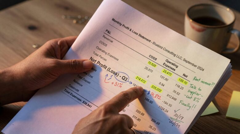 Business owner reviewing profit and loss statement with financial data and calculations