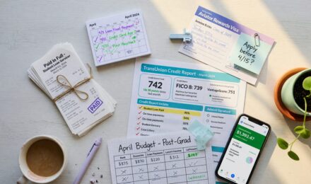 Recent college graduate reviewing credit report and credit building strategy timeline