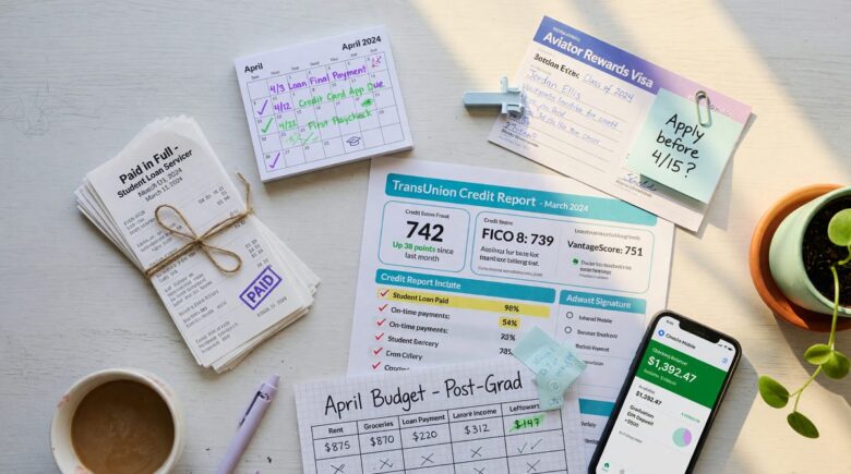 Recent college graduate reviewing credit report and credit building strategy timeline