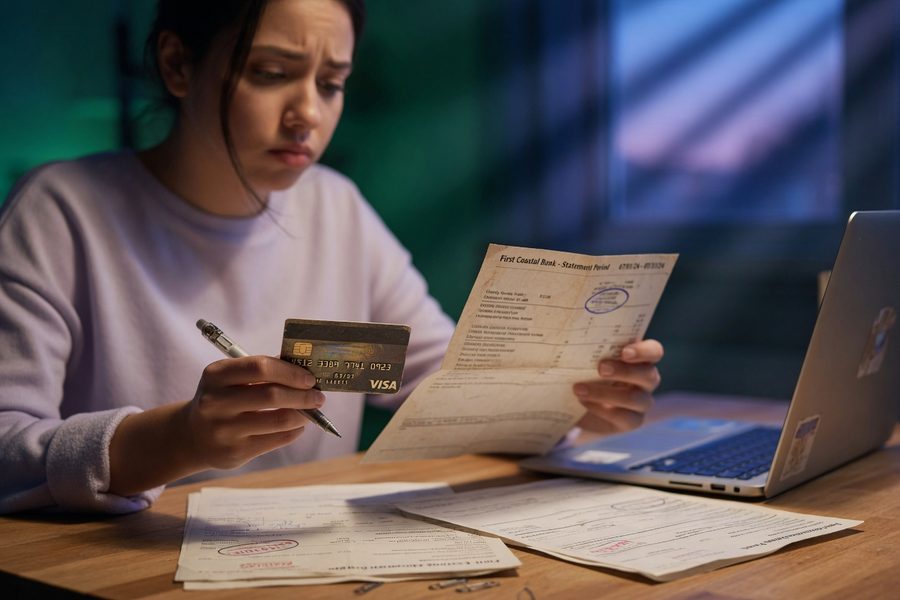 Recent college graduate reviewing credit report on laptop at a desk