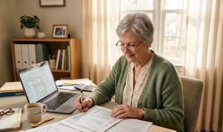 Retired couple reviewing tax documents and financial statements at a kitchen table