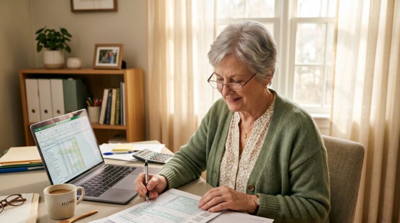Retired couple reviewing tax documents and financial statements at a kitchen table