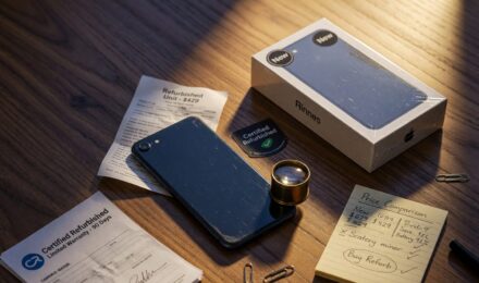 Side-by-side comparison of refurbished and new smartphone boxes with price tags