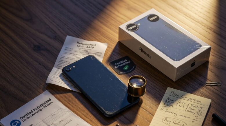 Side-by-side comparison of refurbished and new smartphone boxes with price tags