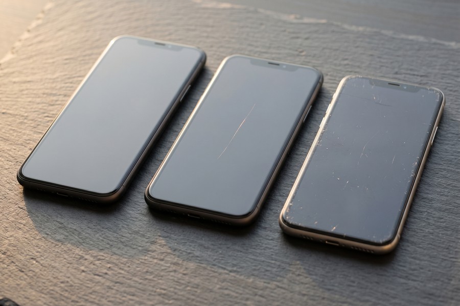 Side-by-side comparison of refurbished electronics grading tiers A, B, and C showing cosmetic condition differences