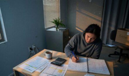 Remote worker at desk with laptop, city skyline visible through window showing transition from high-cost to low-cost area