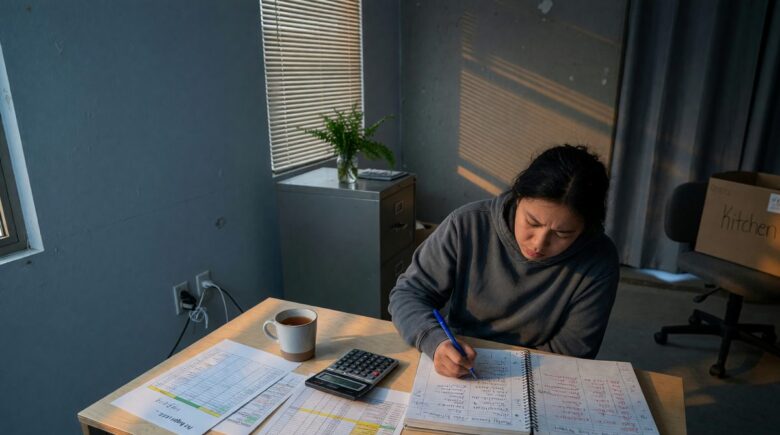 Remote worker at desk with laptop, city skyline visible through window showing transition from high-cost to low-cost area