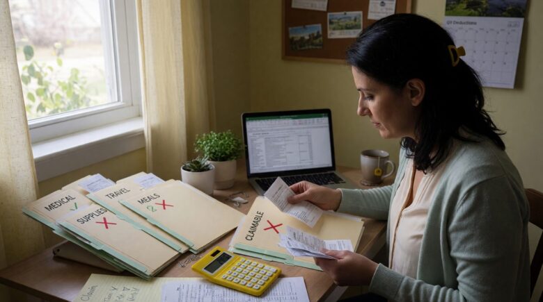 Desk setup showing laptop, calculator, and home office workspace for remote work tax deduction planning