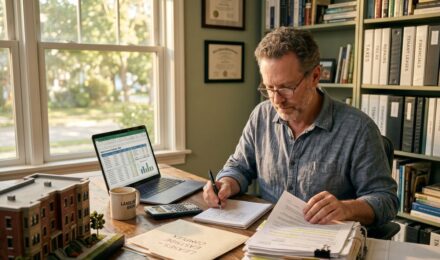 Landlord reviewing rental property tax deduction worksheets and IRS Schedule E forms at a desk