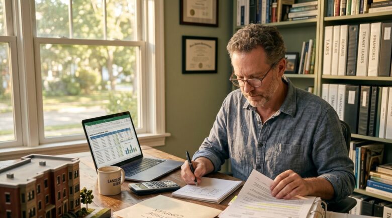 Landlord reviewing rental property tax deduction worksheets and IRS Schedule E forms at a desk