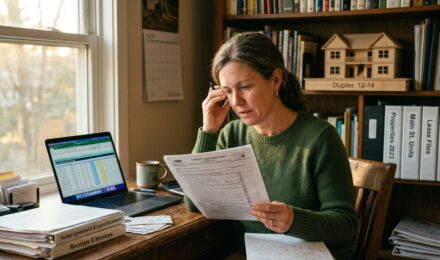 Landlord reviewing rental property tax documents and depreciation schedules at a desk
