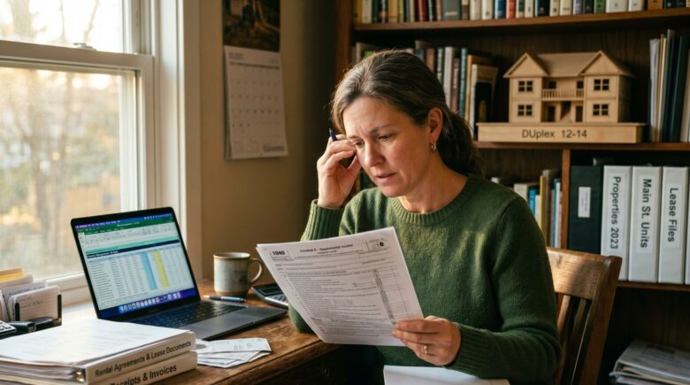 Landlord reviewing rental property tax documents and depreciation schedules at a desk