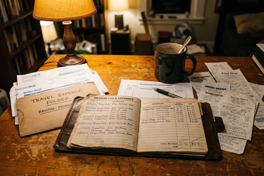 IRS Schedule E form with rental income and deduction line items highlighted