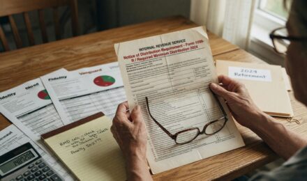 Calculator and retirement account statement showing RMD calculation for 2026