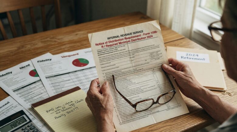 Calculator and retirement account statement showing RMD calculation for 2026