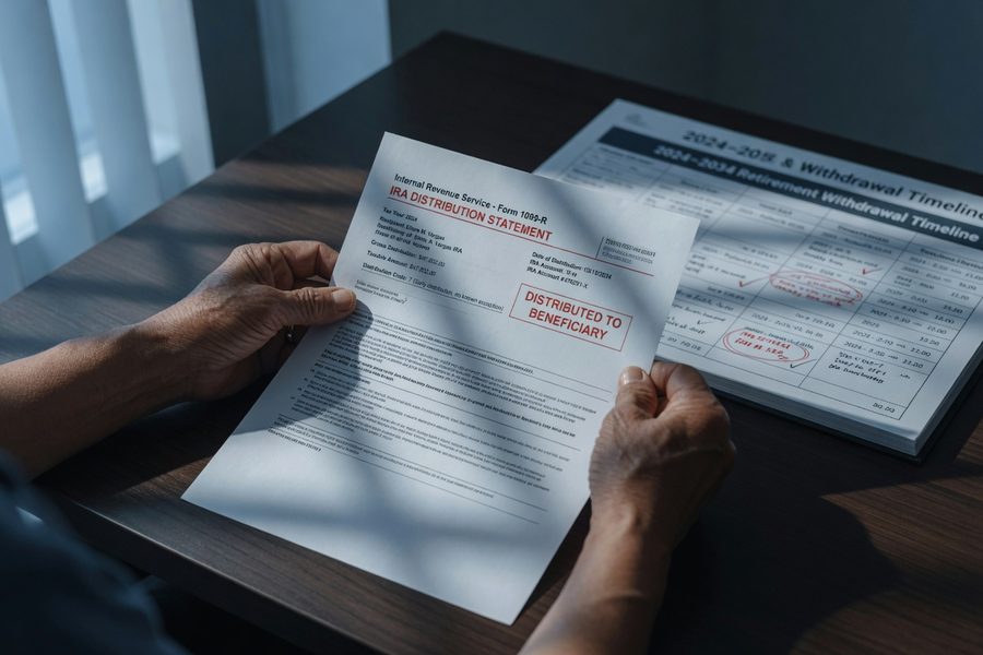 Retiree reviewing IRS Publication 590-B with financial planner at kitchen table