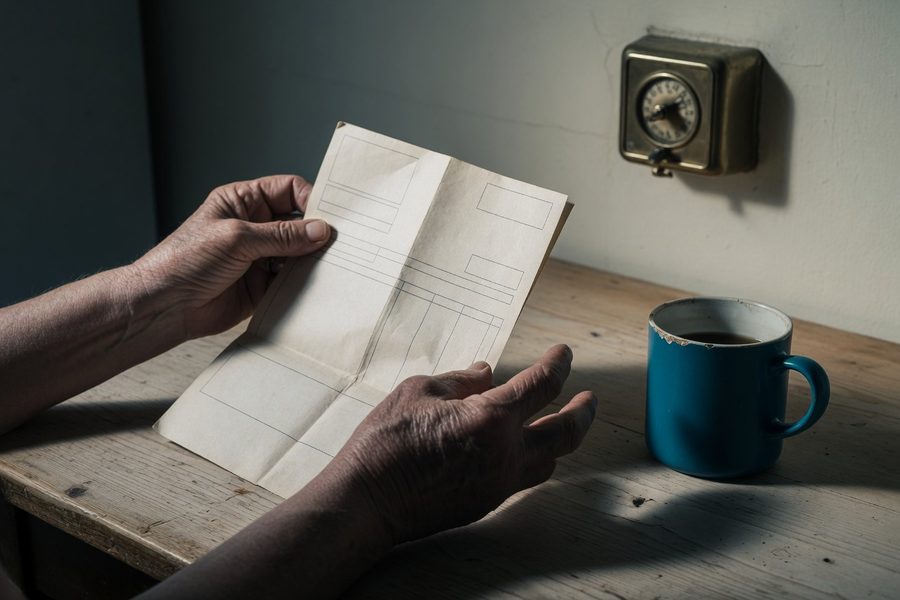Retiree reviewing housing options with a calculator and bills on the table