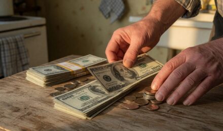 Retiree reviewing monthly budget and bills at kitchen table