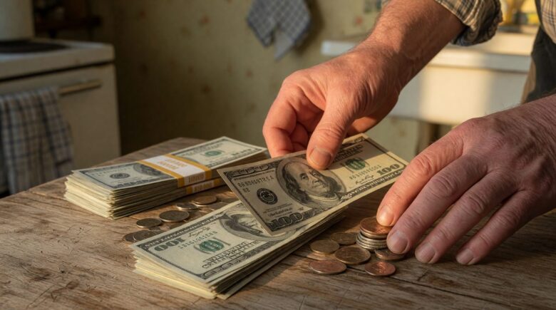 Retiree reviewing monthly budget and bills at kitchen table