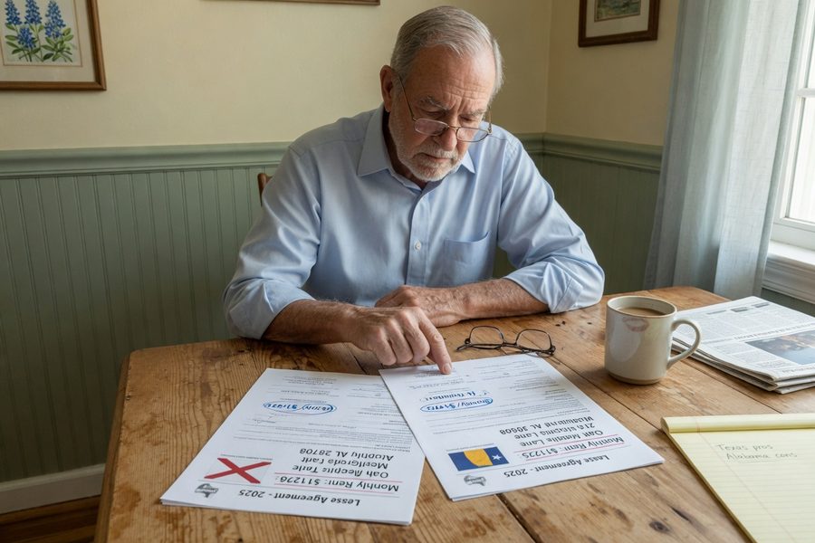 Retiree couple reviewing monthly budget spreadsheet at kitchen table