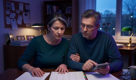 Couple reviewing retirement documents and financial statements at home