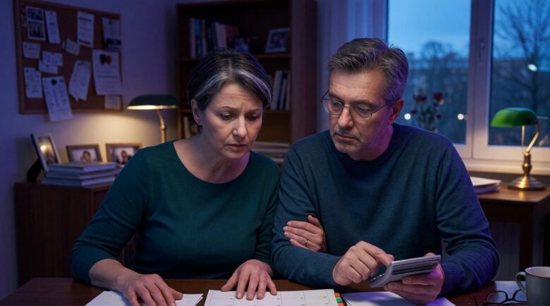 Couple reviewing retirement documents and financial statements at home