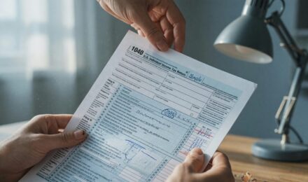 Retired couple reviewing tax documents and retirement withdrawal strategy at home