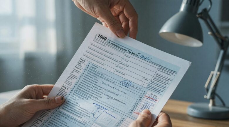Retired couple reviewing tax documents and retirement withdrawal strategy at home