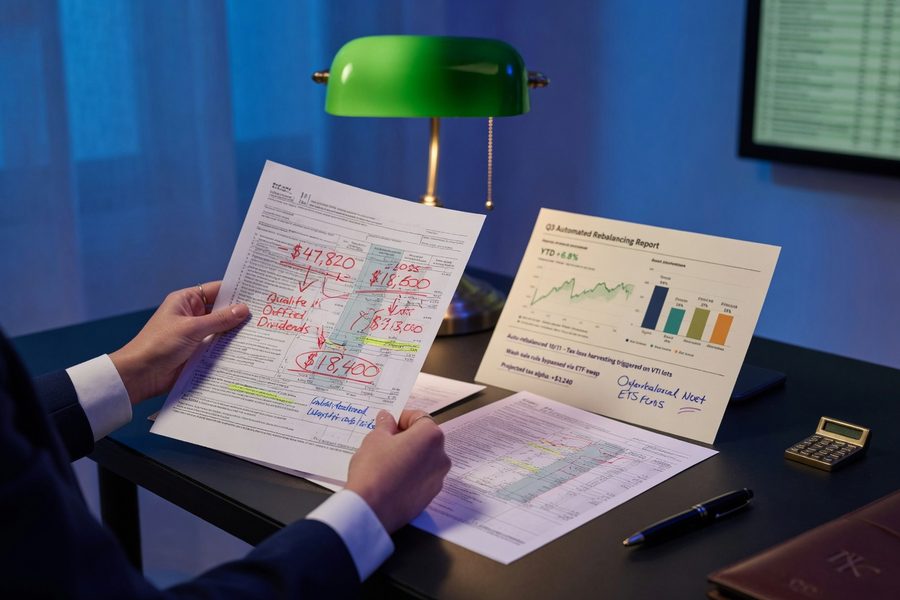 Diagram showing robo-advisor automated workflow: rebalancing, tax-loss harvesting, dividend reinvestment