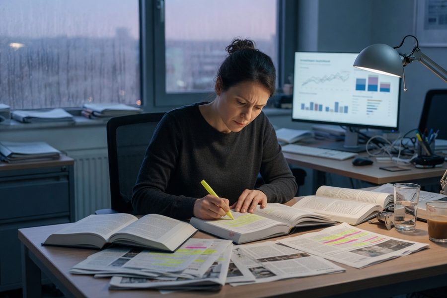 Person calmly reviewing portfolio on phone while others around look stressed about markets