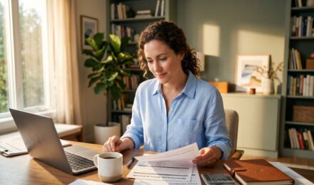 Self-employed borrower reviewing tax returns and mortgage documents at a home office desk